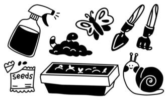 set of garden tools and potted plants, watering highlighted on white background. Flat doodle monochrome illustration. set of tools for transplanting house plants. large set of garden elements, tools vector