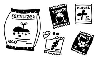 set of fertilizers and seeds in package. Isolated illustration on white. Monochrome illustration in form of flat doodles. set tools for transplanting indoor plants. set of garden elements and fixtures vector