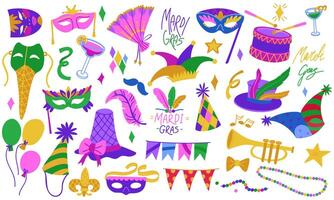 set for Mardi Gras, Flat color. They are suitable for decorating holidays, events, promotional materials and goods related to the celebration of carnival. A vibrant collection of isolated objects vector