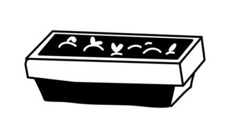 Micro greenery sprouts in flower pot. Illustration of flat doodle monochrome drawing. An elongated flowerpot. separate subject of botany at home. Ideal for use in projects related ecology, gardening vector