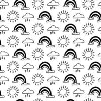 pattern of spring weather. Clouds with rain, rainbow, sun. Flat monochrome drawings in doodles. Icons, symbols of nature. spring, summer, autumn. The texture is made in the form of handmade lines vector