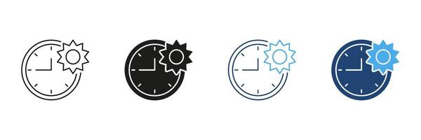 Sun And Clock Line and Silhouette Icon Set. Time Of Day For Daily Routine and Optimal Health Regimen. Nutrition And Fitness Apps. Isolated Illustration vector