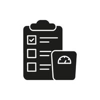 Diet and fitness plan with weighing scale solid icon. health management checklist with scale silhouette symbol. isolated illustration vector