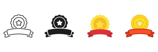 Badge With Star And Ribbon Line And Solid Icon Set. Award Emblem Symbol Collection. Isolated Illustration vector