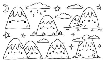 A set of cute mountains with clouds and trees. hand-drawn illustration in doodle style. Kawaii characters isolated on a white background. Perfect for cards, decorations, logo, various designs. vector