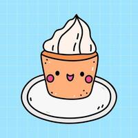Kawaii cupcake isolated on a blue background. hand-drawn illustration in doodle style. Cute character. Perfect for cards, decorations, stickers, logo, menu, various designs. vector
