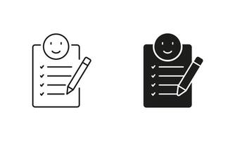 Happy Client, Customer Satisfaction Pictogram. Document With Positive Emoticon Line and Silhouette Icon Set. Agreement Confirmation Symbol. Editable Stroke. Isolated Illustration vector