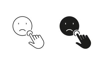 Cursor Click On Sad Face Emoticon Pictogram. Negative Feedback Line and Silhouette Icon Set. Customer Satisfaction Concept. Editable Stroke. Isolated Illustration vector