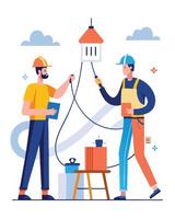 Electrician installing, adjusting electrical lamp during home renovation. vector