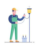 Electrician installing, adjusting garden lamp vector