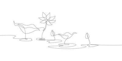 Continuous Lotus water lily blooming and leaf nature pond scenic one line drawing minimalist art vector