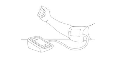 Continuous line drawing Human hand using tonometer to measure check blood pressure and pulse concept vector