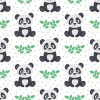 Seamless pattern with pandas. Adorable characters with plants for fabric printing vector