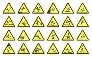 Triangular yellow signs. Different types of danger. vector