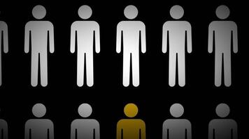 A group of people in grayscale with one highlighted, symbolizing focus on an individual, selection, uniqueness, or demographic analysis in society. video
