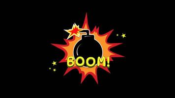 Boom text animation, boom pop art in comic style cartoon bomb explosion with star burst motion graphics 4k animation on alpha channel transparent background video