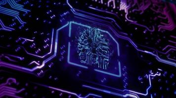 Glowing artificial intelligence brain on motherboard, processing data video