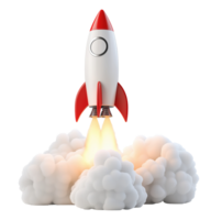 espaço lançamento foguete descolar transparente imagem. missão sucesso. tecnologia futuro. desenho animado nave espacial isolado Cortar fora 3d renderizar. o negócio comece cortar Fora clipart Projeto elemento png