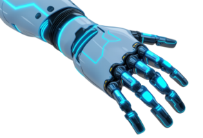 High-tech robotic hand with illuminated design image isolated transparent. Mechanical prosthetics cut out. Advanced robotics prosthesis cutout element object photography png