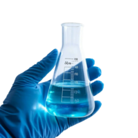 Hand holding a flask with a blue liquid, a chemistry experiment in a laboratory setting png