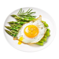 Crispy fried egg with asparagus on transparent background png