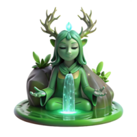 extraordinary modern A serene forest spirit with glowing green skin and antler-like branches, meditating beneath a waterfall, illuminated by dappled sunlight. Fantasy art style professional png