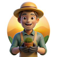 dramatic creative Portrait of a gentle gardener with dirt on their hands and a warm smile, illuminated by the golden light of sunset, in a naturalistic, pastoral style premium png