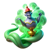 impressive rustic A powerful djinn, emerging from a magic lamp, surrounded by swirling smoke, lit by an eerie green light, in an Arabian Nights style 4K png