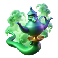 magnificent abstract A powerful djinn, emerging from a magic lamp, surrounded by swirling smoke, lit by an eerie green light, in an Arabian Nights style professional png