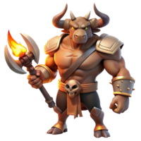 serene abstract A powerful, muscular Minotaur with bronze horns and fur, standing defiantly in a dimly lit labyrinth, holding a double-headed axe, lit by flickering torches. Baroque style premium png