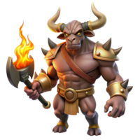 impressive vintage A powerful, muscular Minotaur with bronze horns and fur, standing defiantly in a dimly lit labyrinth, holding a double-headed axe, lit by flickering torches. Baroque style genuine png