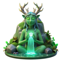 magnificent rustic A serene forest spirit with glowing green skin and antler-like branches, meditating beneath a waterfall, illuminated by dappled sunlight. Fantasy art style high resolution png