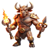 wonderful minimalist A powerful, muscular Minotaur with bronze horns and fur, standing defiantly in a dimly lit labyrinth, holding a double-headed axe, lit by flickering torches. Baroque style genuine png