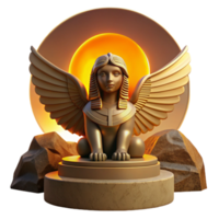 impressive traditional A serene, wise Sphinx with golden wings and a woman's face, perched atop a weathered stone pedestal, bathed in the warm glow of a desert sunset. Art Deco style authentic png