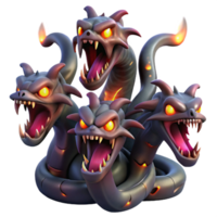 dramatic classic A fearsome hydra with multiple heads, each spewing venomous fumes, illuminated by the glow of its own poison. Dark fantasy style detailed png