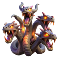 extraordinary modern A fearsome hydra with multiple heads, each spewing venomous fumes, illuminated by the glow of its own poison. Dark fantasy style authentic png