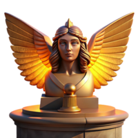 dramatic classic A serene, wise Sphinx with golden wings and a woman's face, perched atop a weathered stone pedestal, bathed in the warm glow of a desert sunset. Art Deco style high resolution png