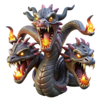 dramatic artistic A fearsome hydra with multiple heads, each spewing venomous fumes, illuminated by the glow of its own poison. Dark fantasy style high resolution png