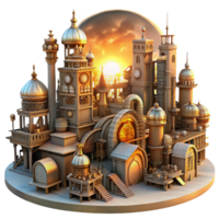 beautiful minimalist A steampunk cityscape with towering clockwork buildings, intricate aerial walkways, and steam-powered vehicles, bathed in a golden, sunset glow in an art nouveau style genuine png