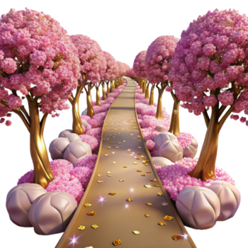 extraordinário rústico caminho através uma cereja Flor Arvoredo com Rosa pétalas isolado exclusivo png