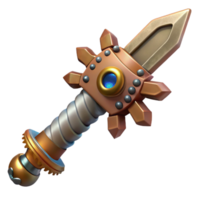 vibrant minimalist Steampunk sword with a gear-studded hilt and a serrated blade high resolution png