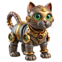 elegant rustic Steampunk robotic cat with intricate gears and glowing eyes genuine png