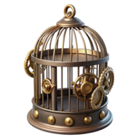 serene creative Steampunk birdcage with intricate brass bars and a clockwork bird high resolution png