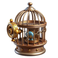 dramatic rustic Steampunk birdcage with intricate brass bars and a clockwork bird high quality png