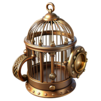 beautiful artistic Steampunk birdcage with intricate brass bars and a clockwork bird high resolution png