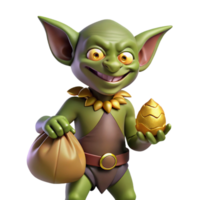 vibrant rustic A mischievous goblin, holding a sack of gold, pointed ears original png