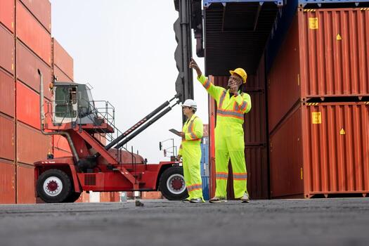 Engineer man Team in Safety Gear Control Containers Box at Container Cargo, Container Yard Workers Team Discussion at Shipping Yard photo