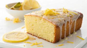 A loaf of lemon pound cake with a drizzle of lemon icing photo