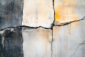 A painting of a cracked wall with yellow and black paint photo