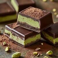 Rich dark chocolate squares filled with creamy green pistachio, dusted with cocoa powder photo